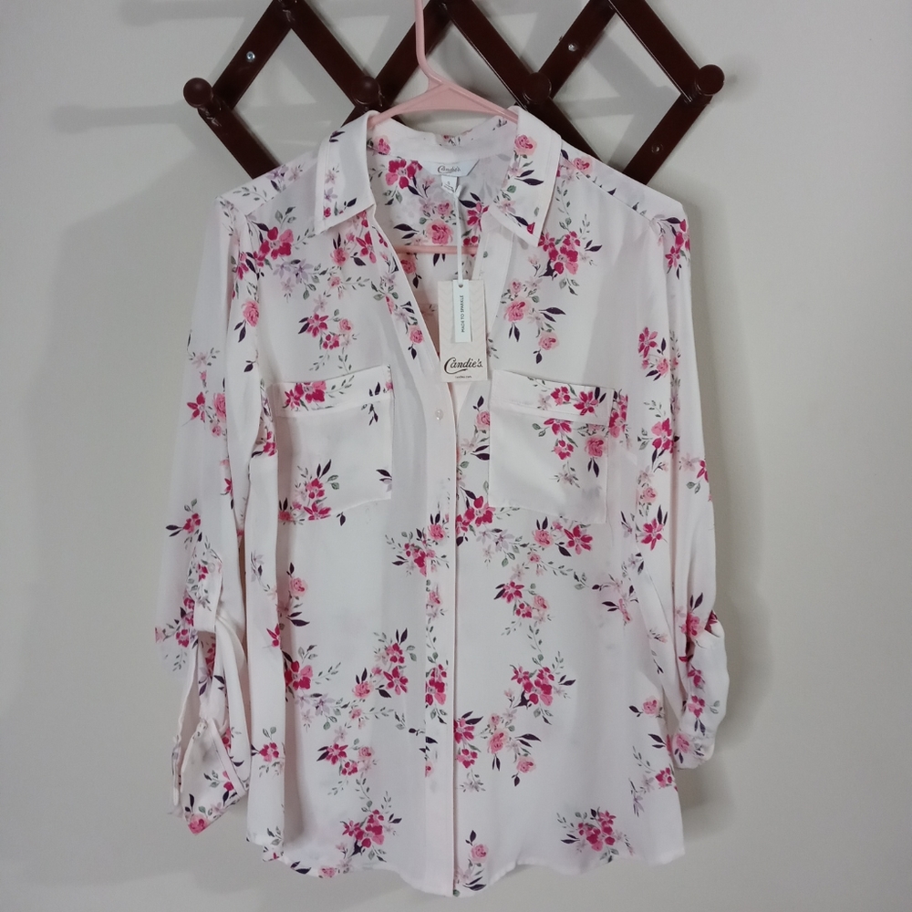 Candie's Long-Sleeved Pink Button-up Rose Shirt NWT